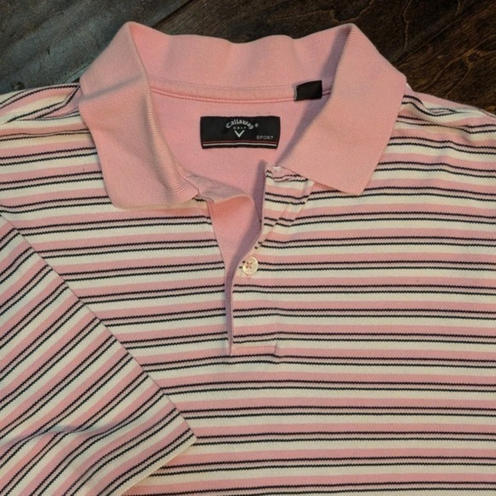 Callaway Golf Sport Mens XL Pink Striped Short Sleeve Pique Polo Shirt